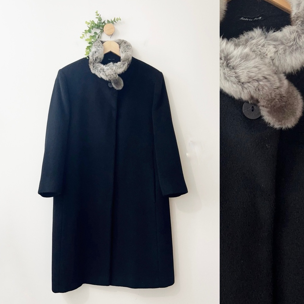 Cinzia Rocca Black Wool Cashmere Chinchilla Fur Trim Crossover Classic Coat